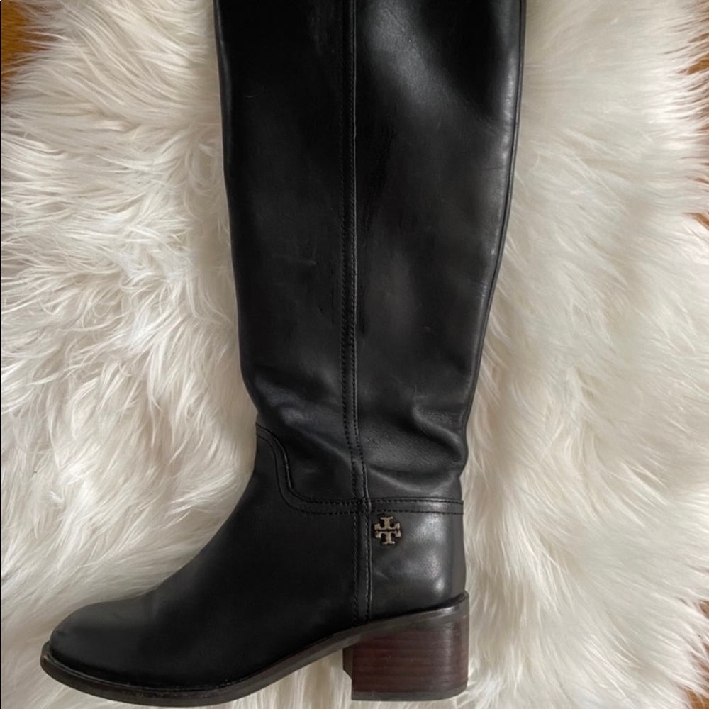 Tory Burch Black Leather Mid-Calf Heeled Boots - Picture 2 of 3